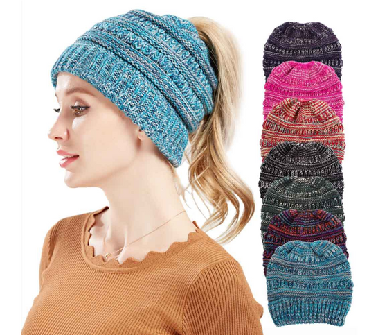 Stay Cozy in Style: Mixed Color Knitted Ponytail Hat