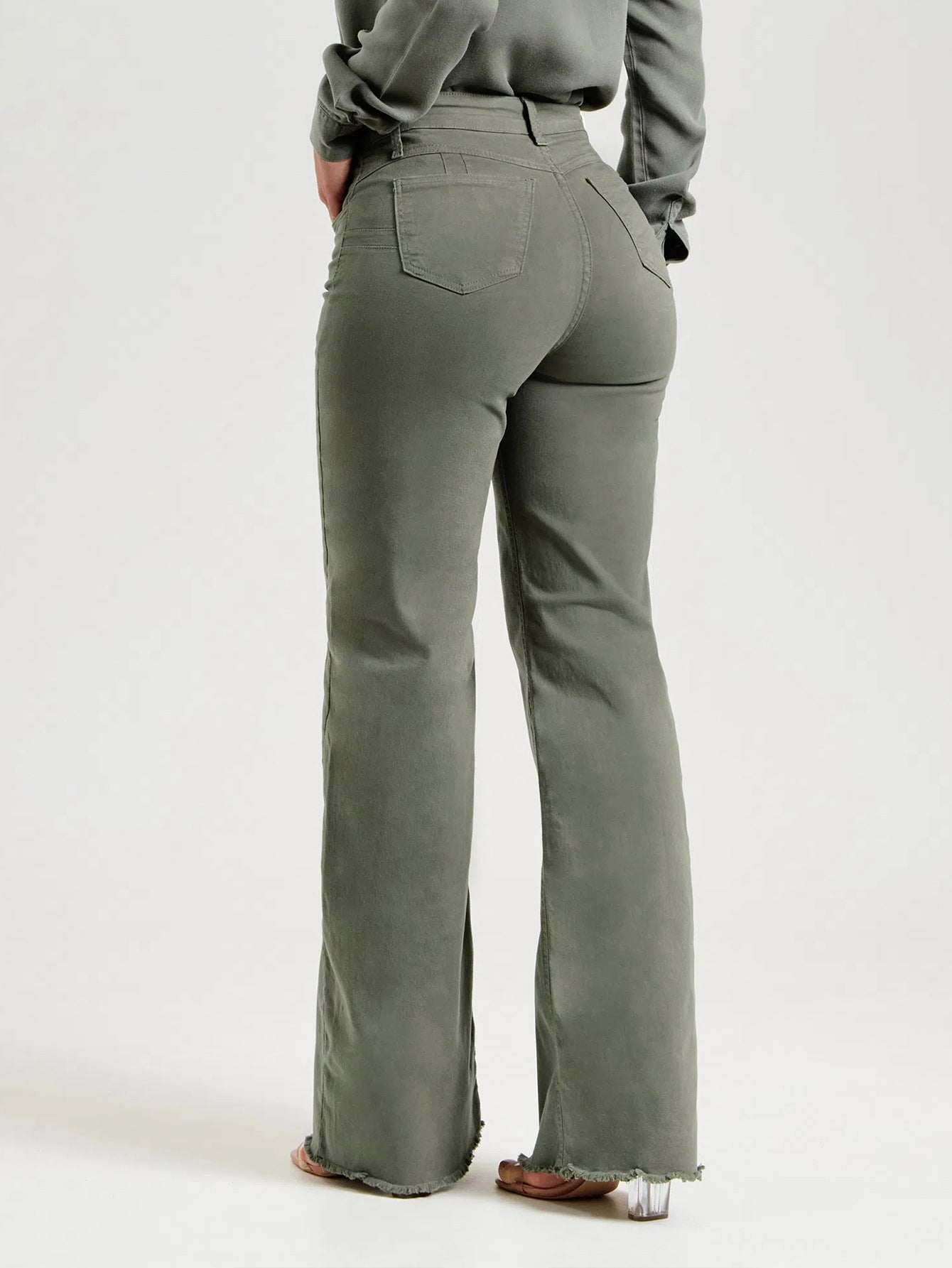 Ladies Stretch High Waist Frayed Flared Pants