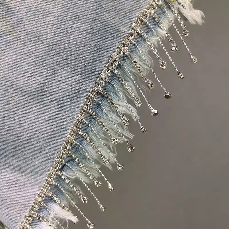 High Waist Edgy Rhinestone Tassel Denim Shorts