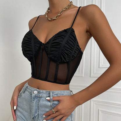 Hot Sexy Black Fish Bone Mesh & Satin Crop Top