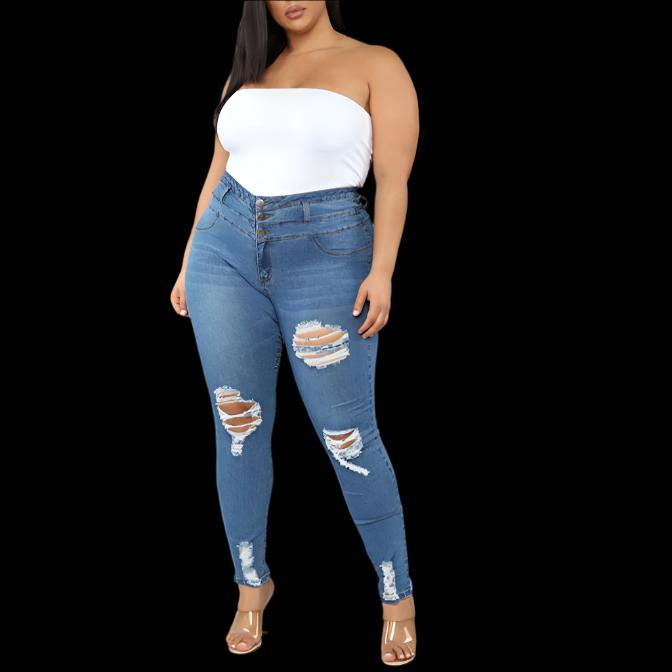 Blue High Waist Plus Size Ripped Jeans