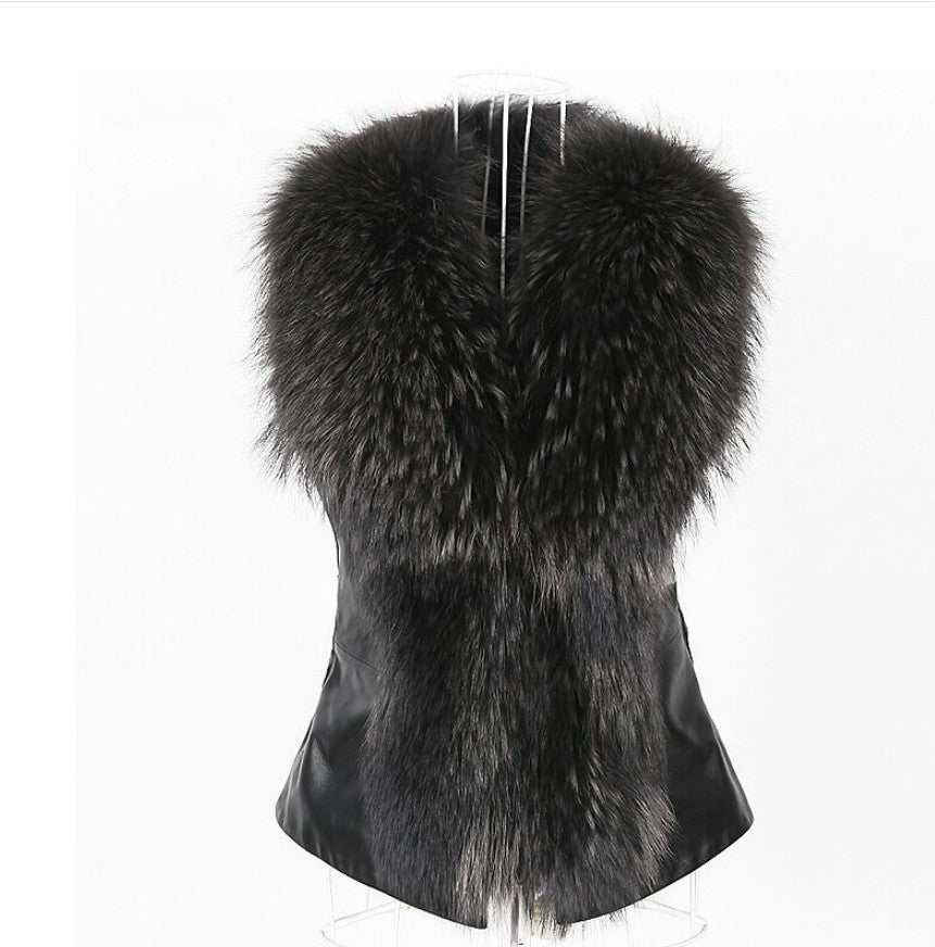 Black Faux Raccoon Fur Collar & Leather Vest Coat