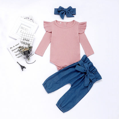 Cute Baby Pants Set with Bow Head Band