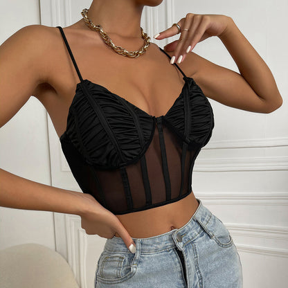 Hot Sexy Black Fish Bone Mesh & Satin Crop Top