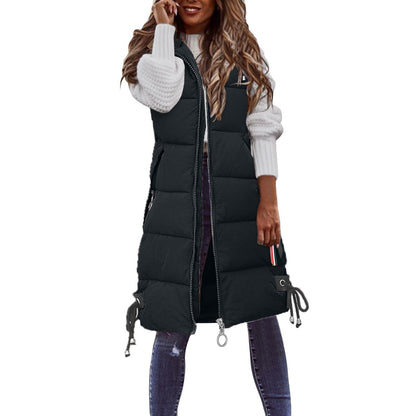 Black Women's Casual Mid-Length Cotton Padded Gillet