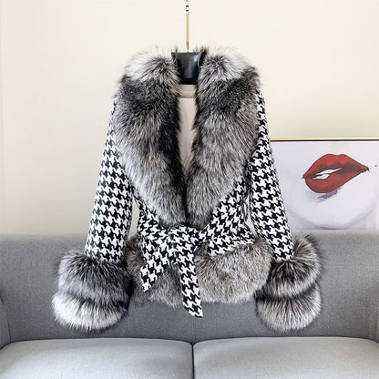 Women's Short Houndstooth Coat with Fox Fur Trim & Collar