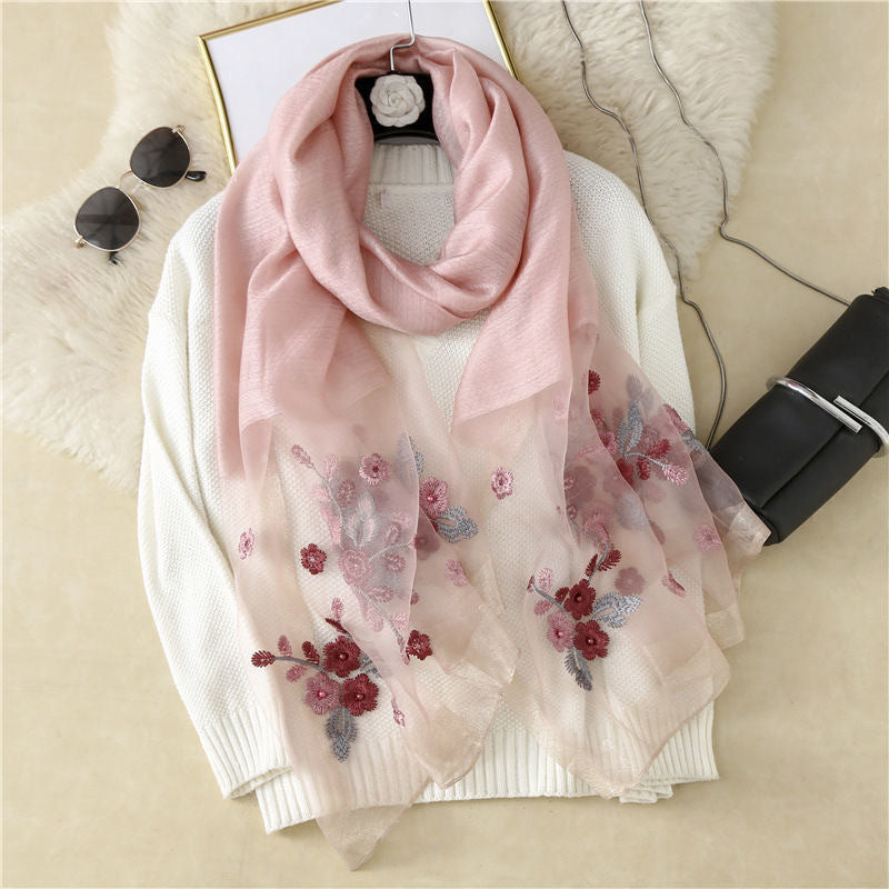 Flower Embroidery Silk Begonia Scarf