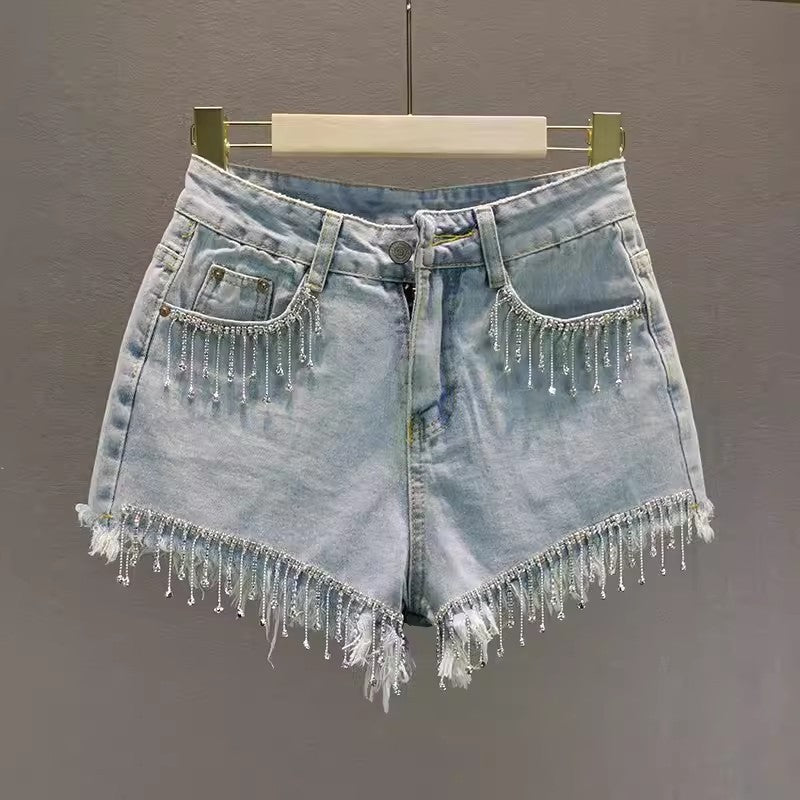 High Waist Edgy Rhinestone Tassel Denim Shorts