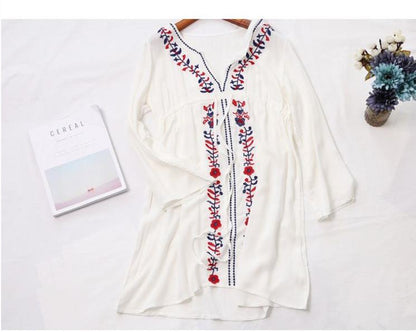 White Embroidered Long Sleeve Beach Cover Up