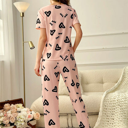 Love Heart Print Round Neck Short-Sleeve Pajama Set