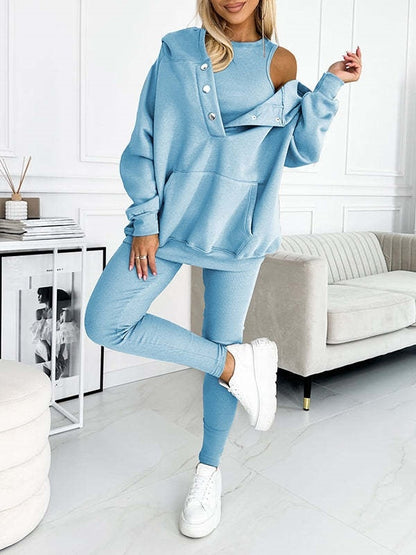 Women's Three Pieces Set Athleisure Hoodie With Thick Thread Slim-fit Vest & Pants