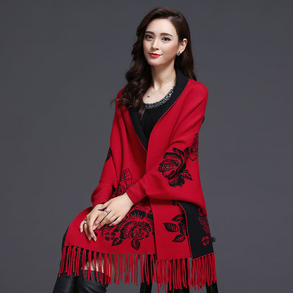 Mid-length Cashmere Cardigan Shawl with Tassels & Flower Print