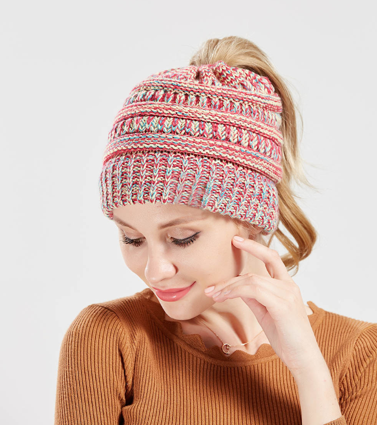 Stay Cozy in Style: Mixed Color Knitted Ponytail Hat Collection