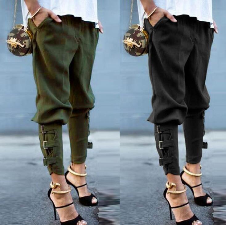 Women's Cotton Solid Color Casual Trousers with Straps to the legs