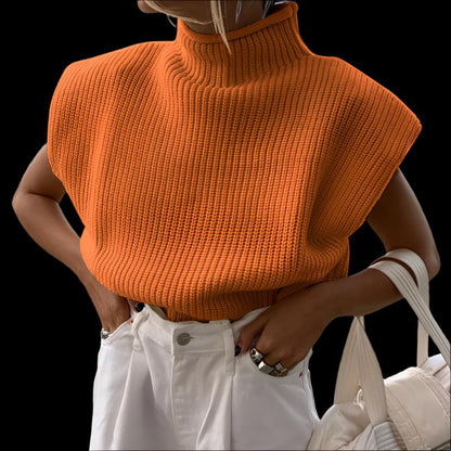 Orange Women's Knitted Turtleneck Short Sleeve Sweater