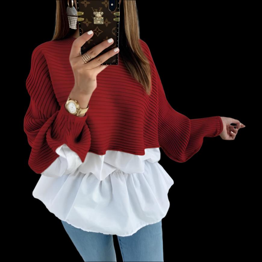 Red Knit Stitching Loose Shirt Top