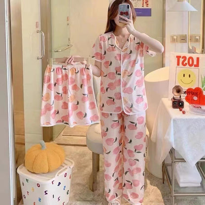 Women's Printed Cotton Three-piece Suit Pyjamas