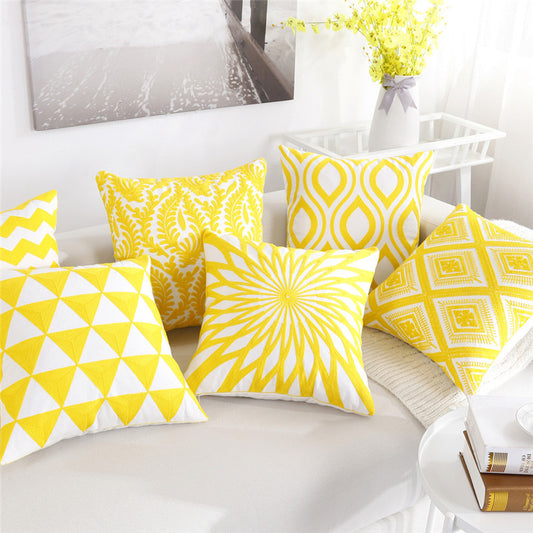 Bright Yellow Mixed Pattern Cotton Sofa Cushion and Pillowcase