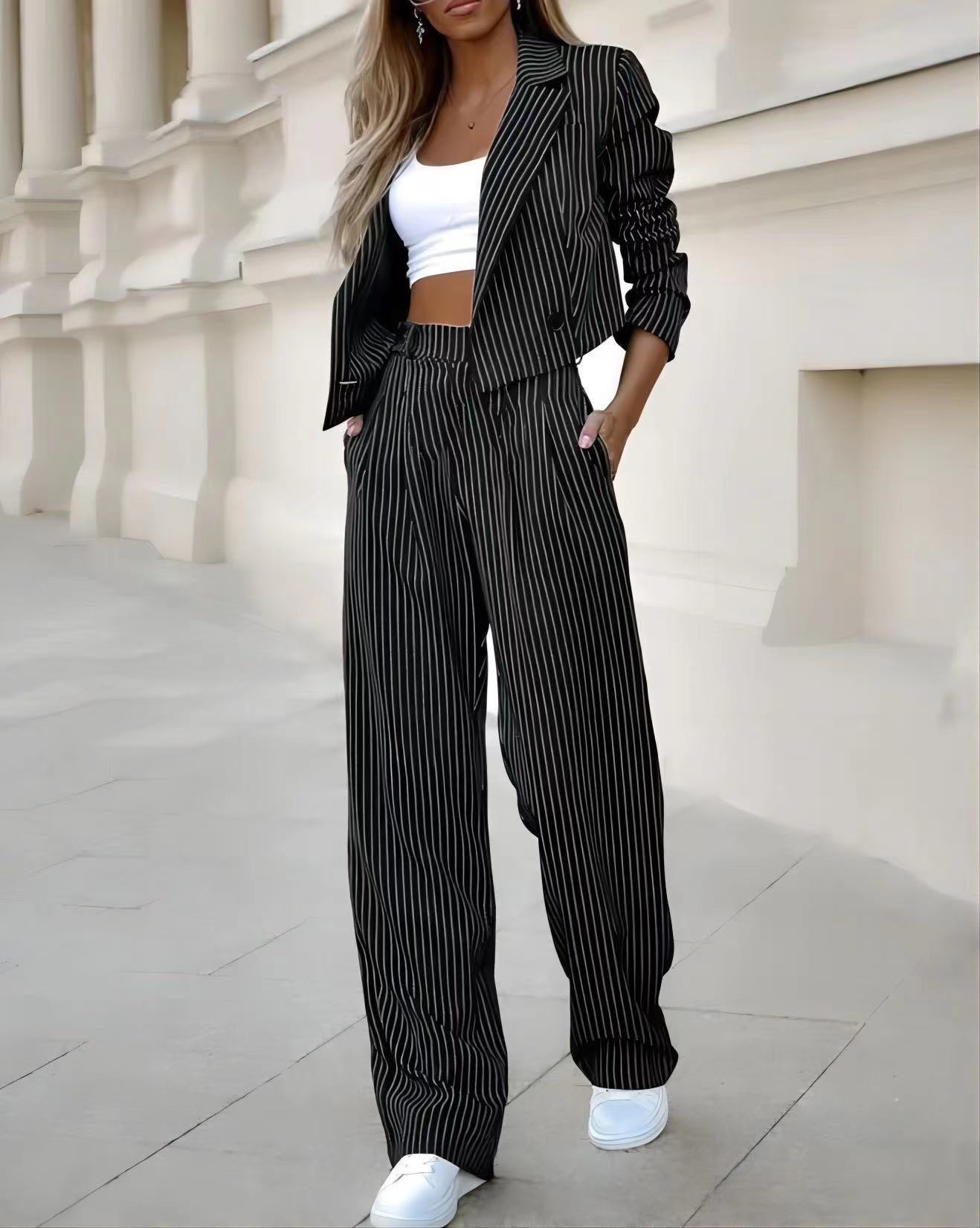 Black Women's Pin Striped Lapel Long Sleeve Jacket & Straight Loose Fit Pants Suit Set