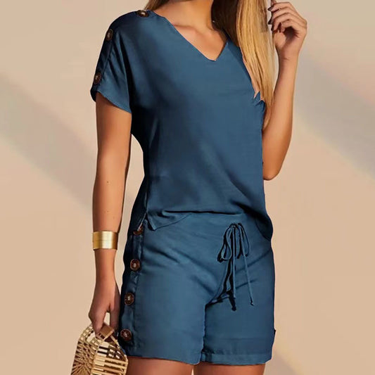 Ladies Comfortable Button Short-sleeved Shorts Suit