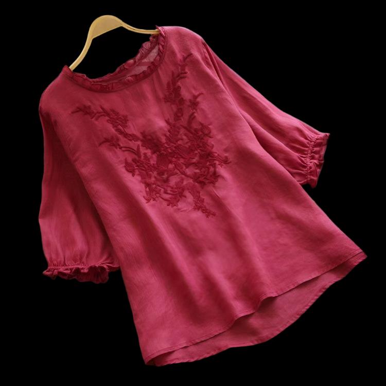 Dark Pink Ruffle Short Sleeve, Embroidered Plus Size Top