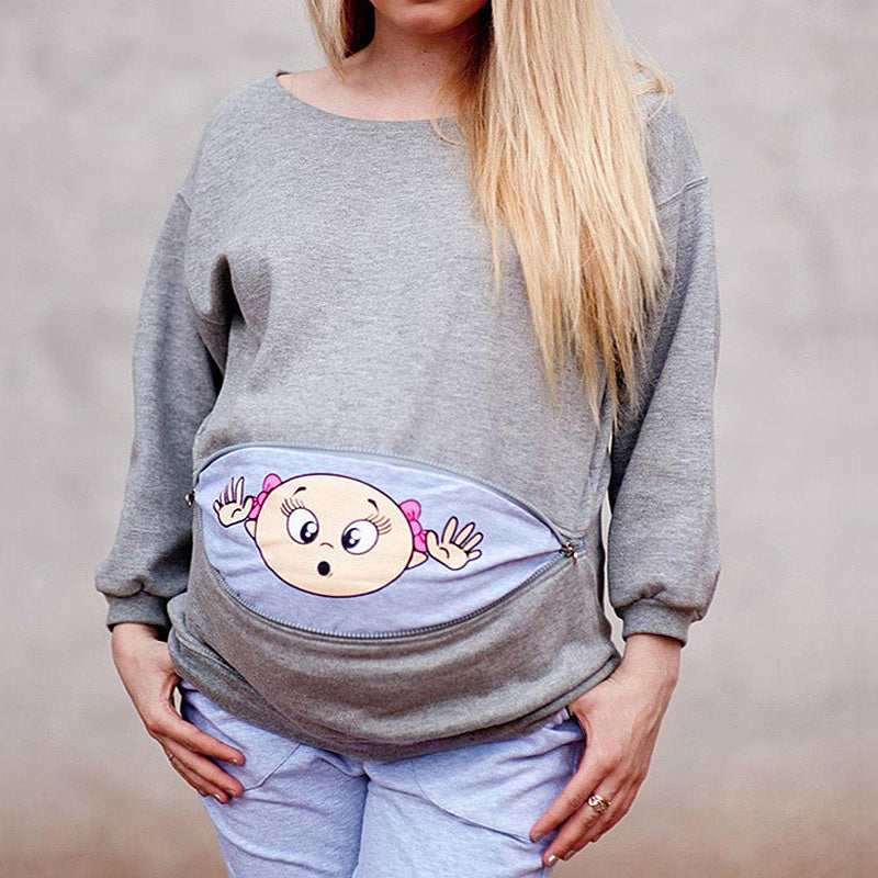 Long Sleeve Pregnancy Top with a peekaboo zip display of baby girl or boy