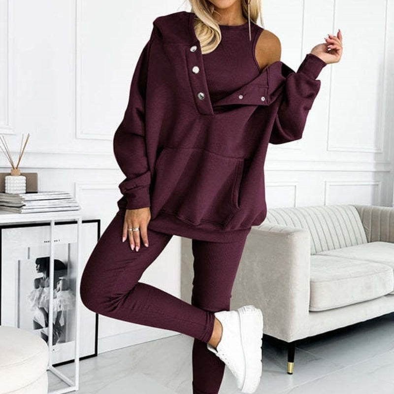 Women's Three Pieces Set Athleisure Hoodie With Thick Thread Slim-fit Vest & Pants