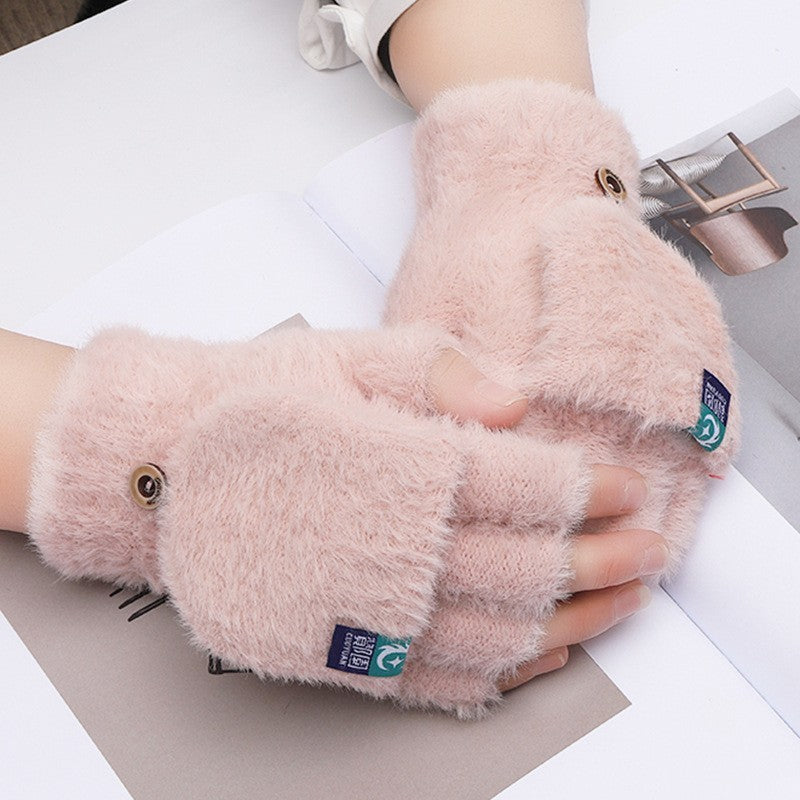 Plush Female Winter Warm Exposed Finger Flip Gloves