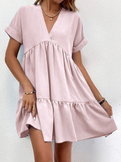 Short-Sleeved V-Neck Ruffled Summer Dress for Ladies