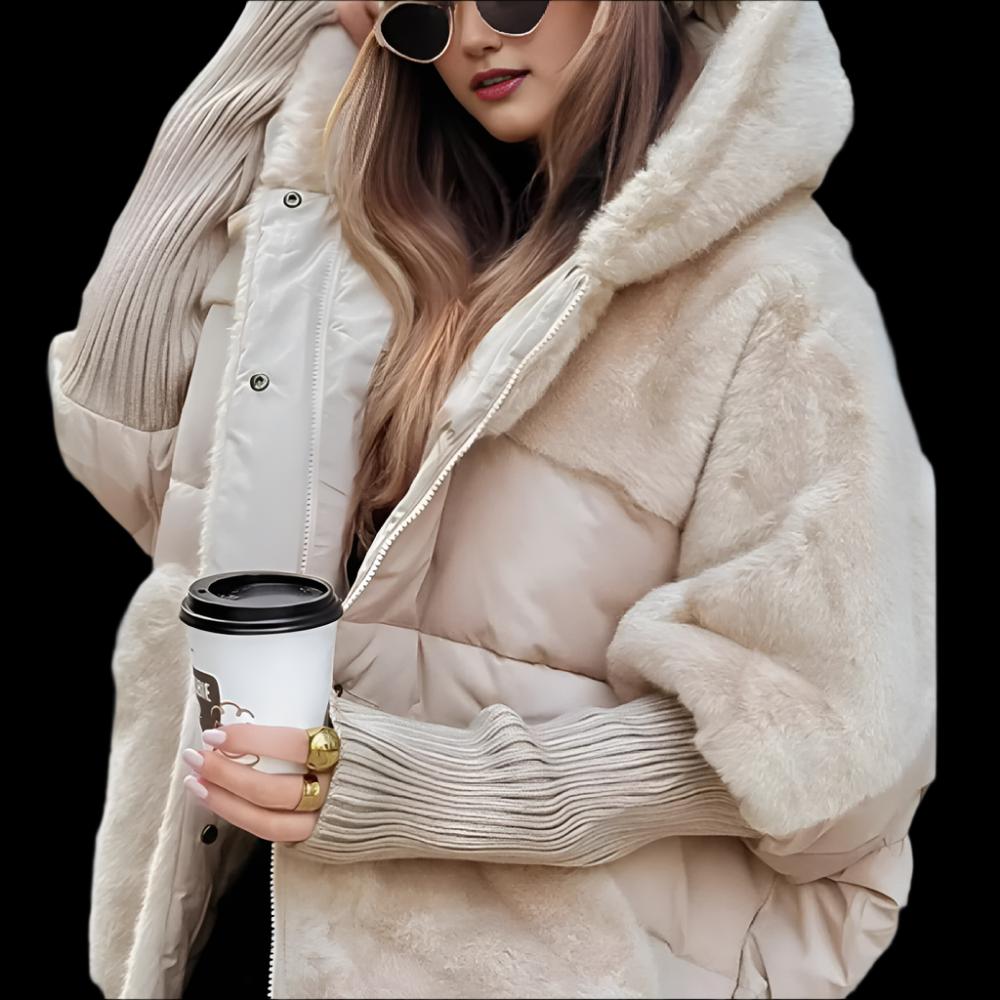 Beige Women's Loose Hooded Down Jacket with Faux Fur Trim