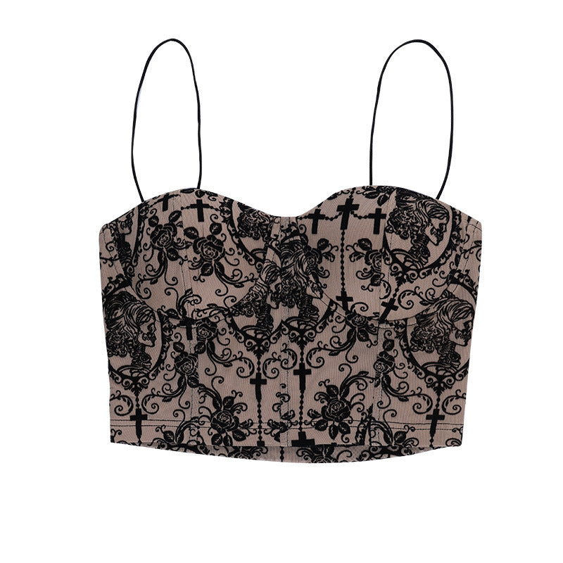 Embroidered Black Lace Pattern Short Strappy Camisole