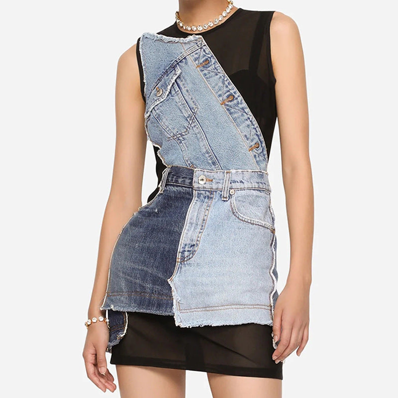 Round Neck Denim Mesh Zipper Dress