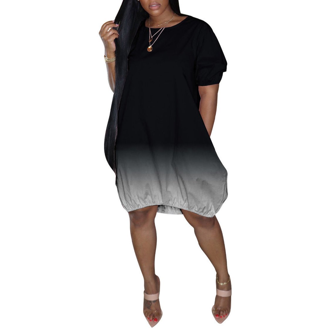 Black Plus Size Short Sleeve Gradient Dye Dress