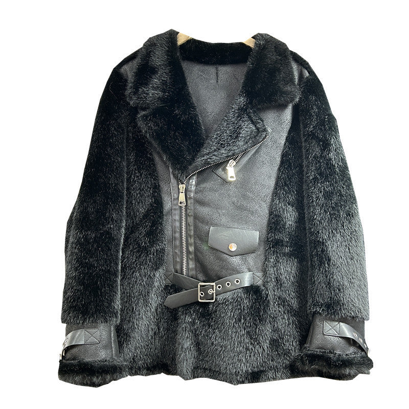 Mixed Faux Mink Fur & Leather Leisure Motorcycle  Jacket