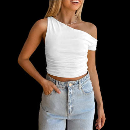 White Sexy One-shoulder Oblique Crop Summer Vest