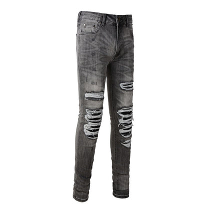 Men's Casual Patch Damage Gray Jeans