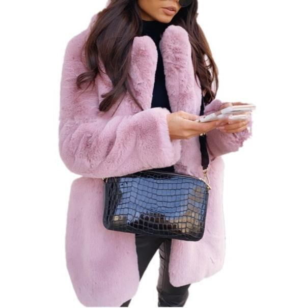 Pink Women Temperament Lapel Faux Fur Coat Solid Color Coat