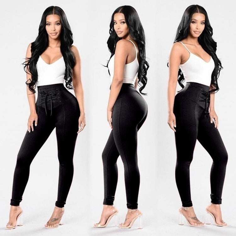 Black Plus Size Chic Cotton Lace-up Trousers