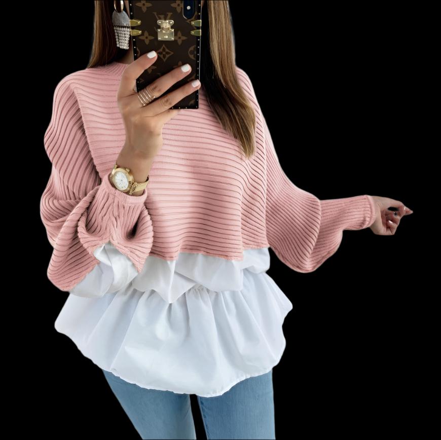 Pink Knit Stitching Loose Shirt Top