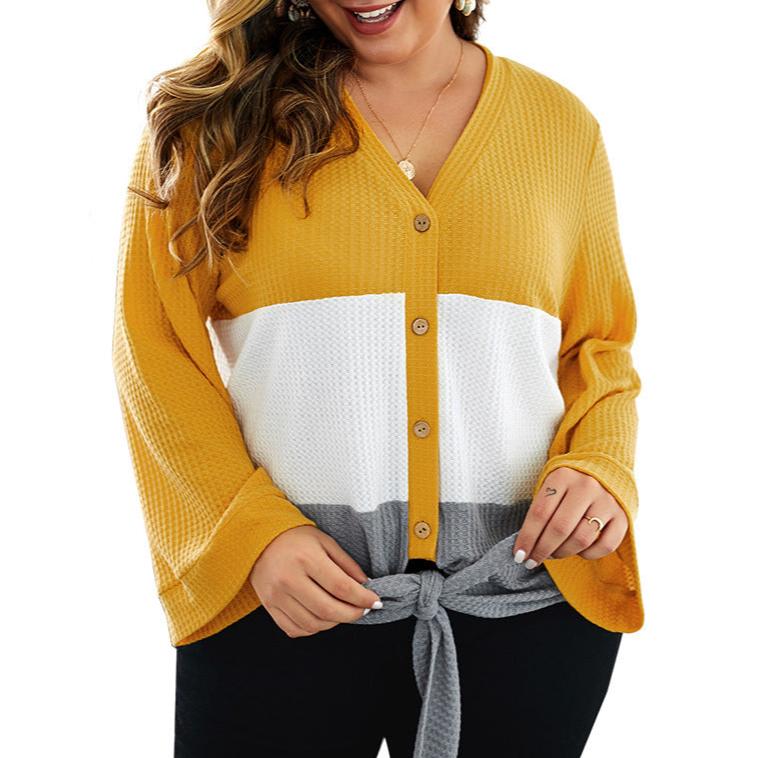 Block Color Button Loose Sweater with Flared Sleeve