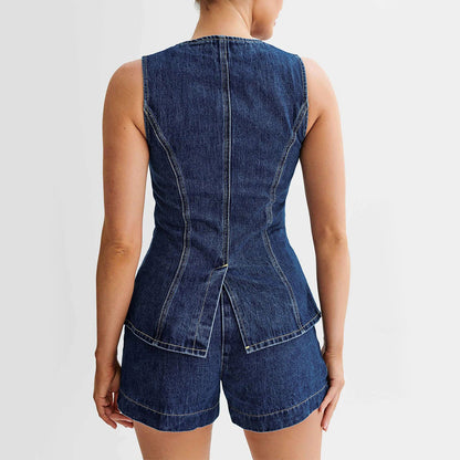 Hot Denim Sleeveless Suit with Button Vest Top And High Waist Shorts