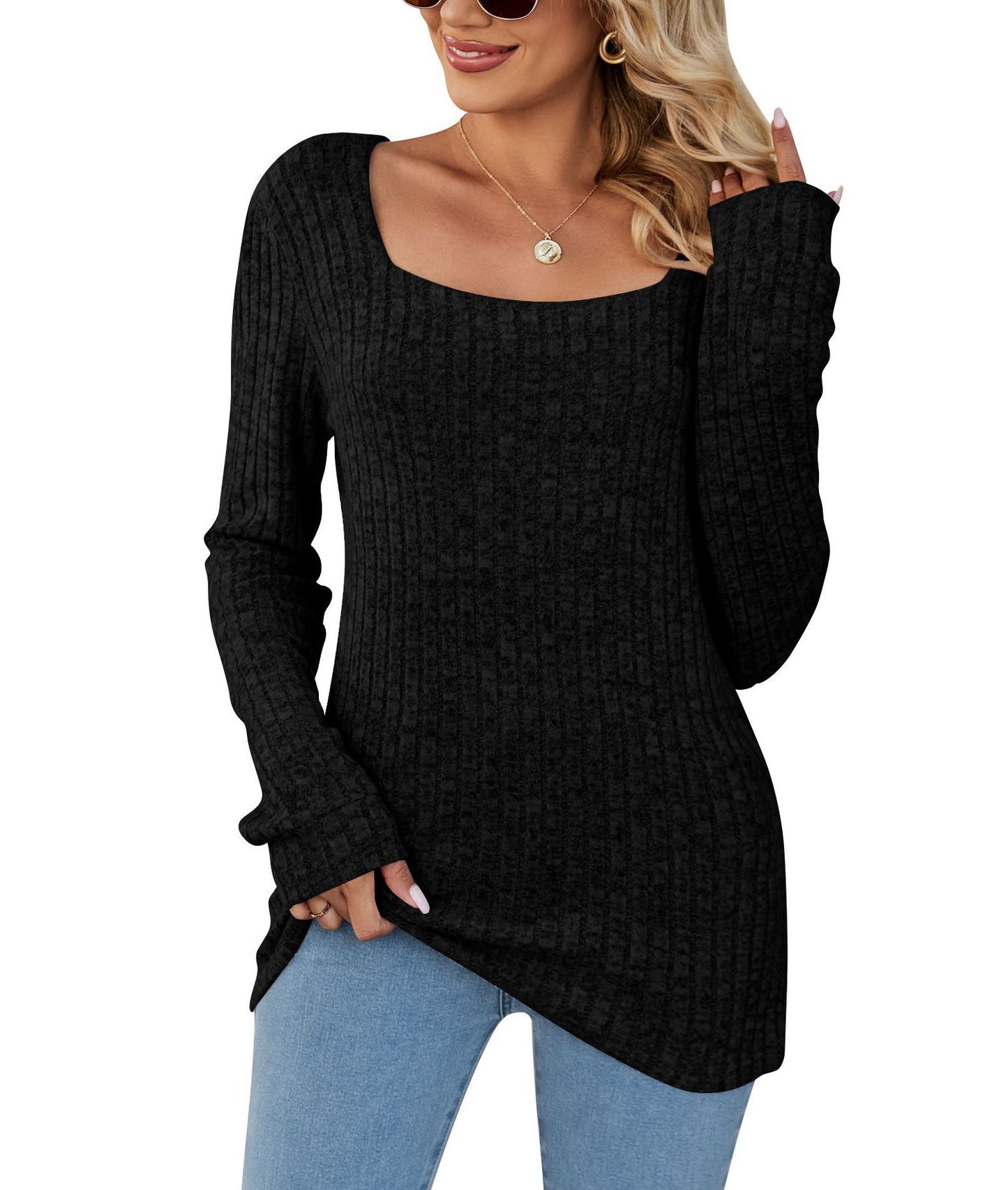 Black Square Collar Sunken Stripe Brushed Casual Long Sleeve Women