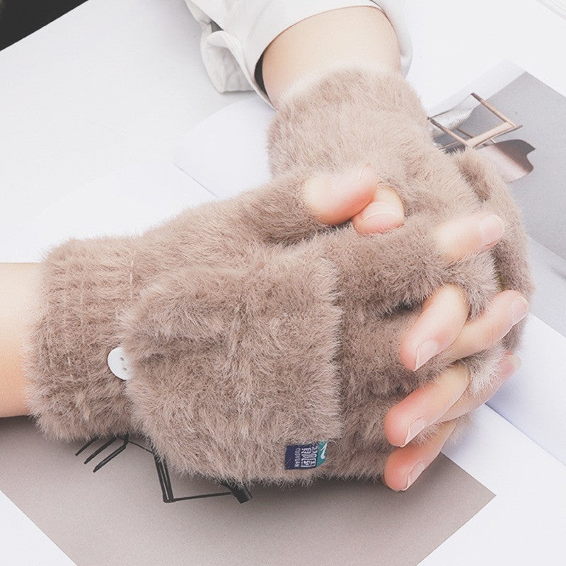 Plush Female Winter Warm Exposed Finger Flip Gloves