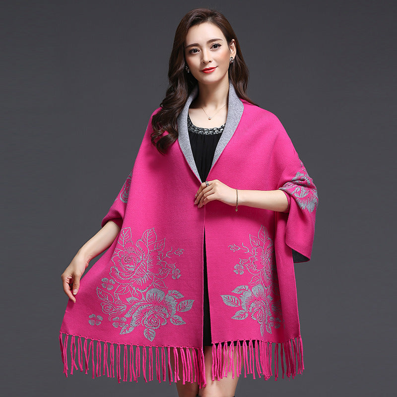 Mid-length Cashmere Cardigan Shawl with Tassels & Flower Print