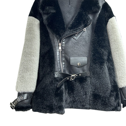 Mixed Faux Mink Fur & Leather Leisure Motorcycle  Jacket