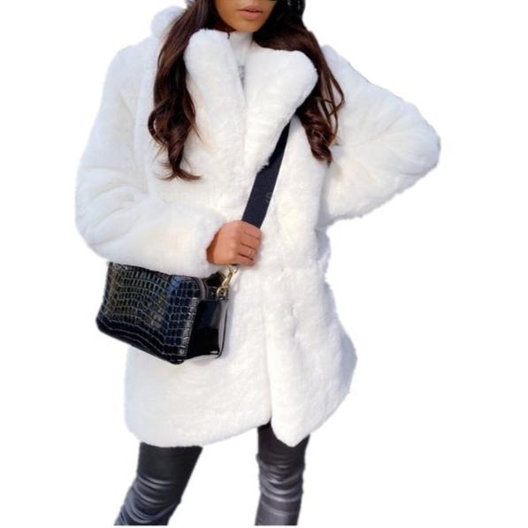 White Women Temperament Lapel Faux Fur Coat Solid Color Coat