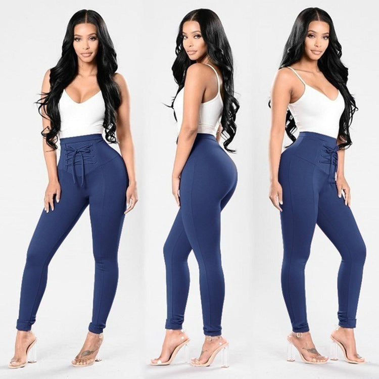 Blue Plus Size Chic Cotton Lace-up Trousers