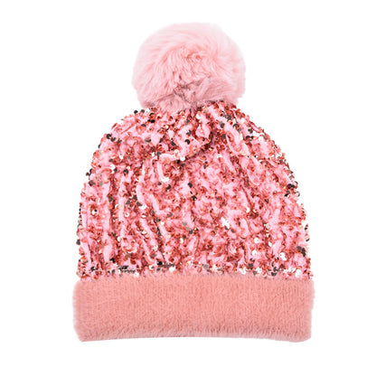 New Sequin Woolen Hat with Large Detachable Pom-pom