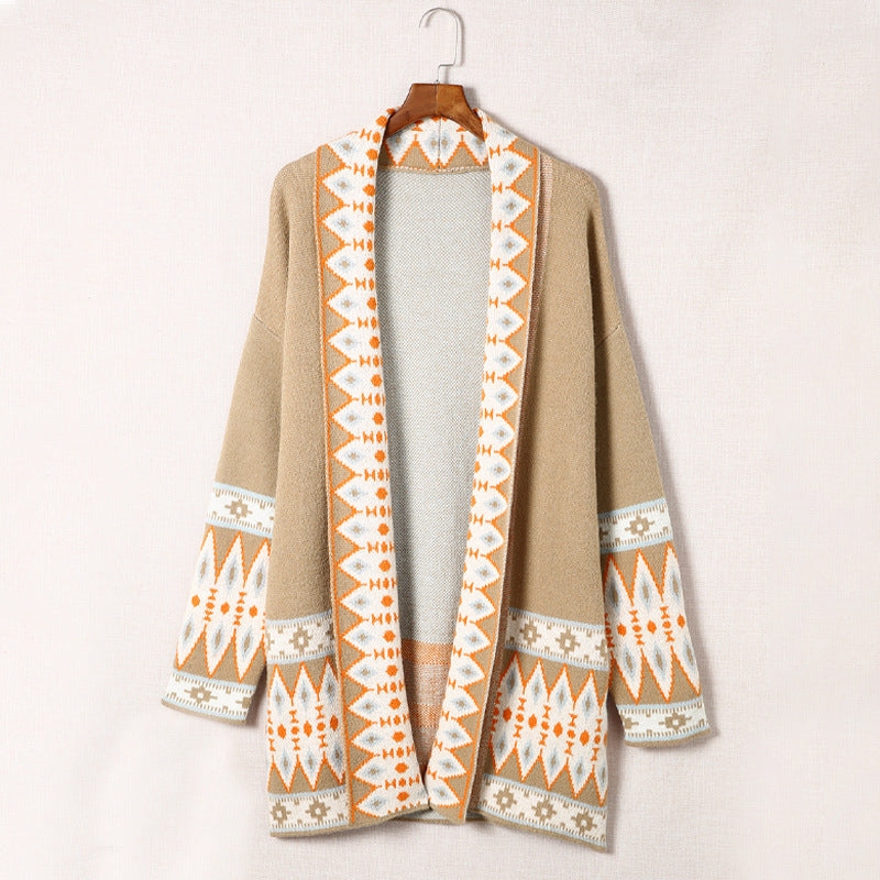 Stylish Native Look Mid-Length Cardigan Khaki