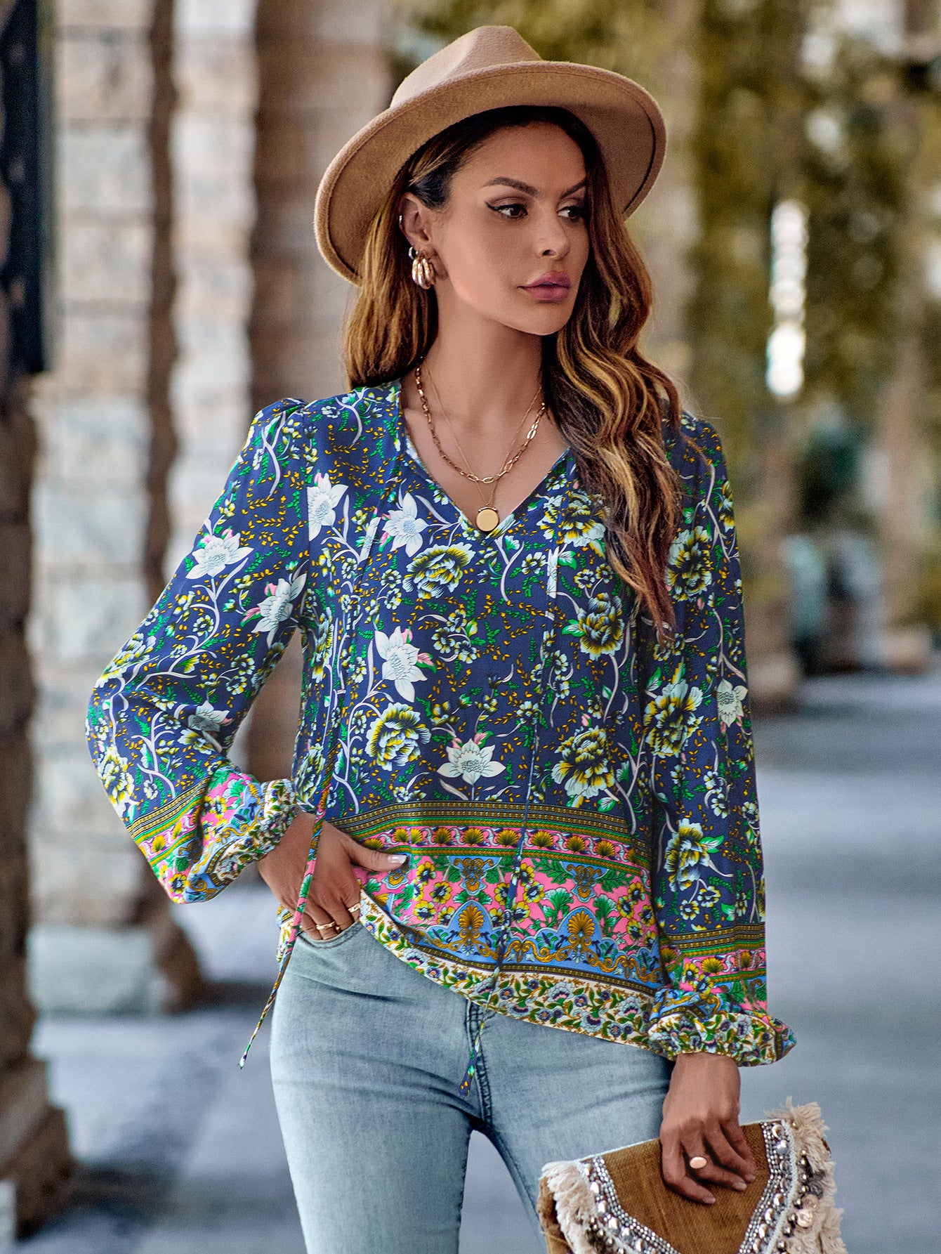 Printed Flower Design V-neck Loose Top